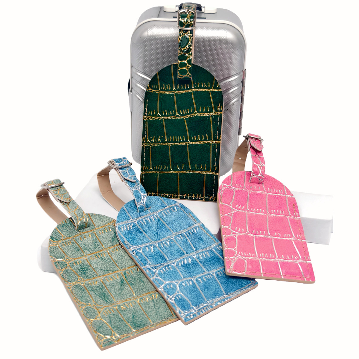 Travel Accessories Name - Crocodile Embossed Gold/Silver Color Border Luggage